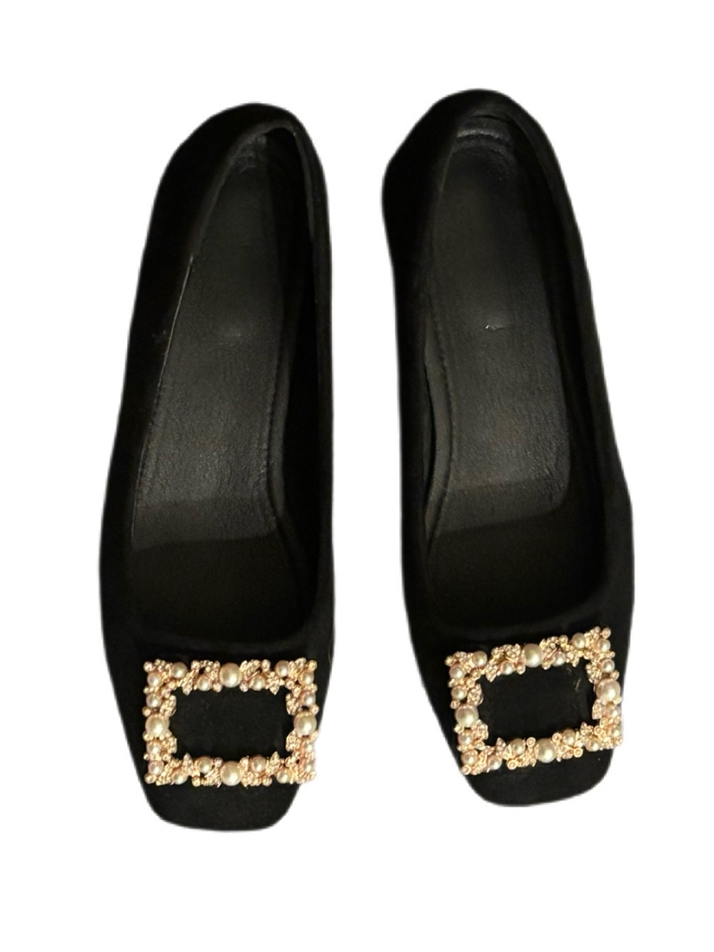 Miaoqu Black Square Toe Ballet Flats Pearl Crystal Buckle Sz 38 / US 7-7.5